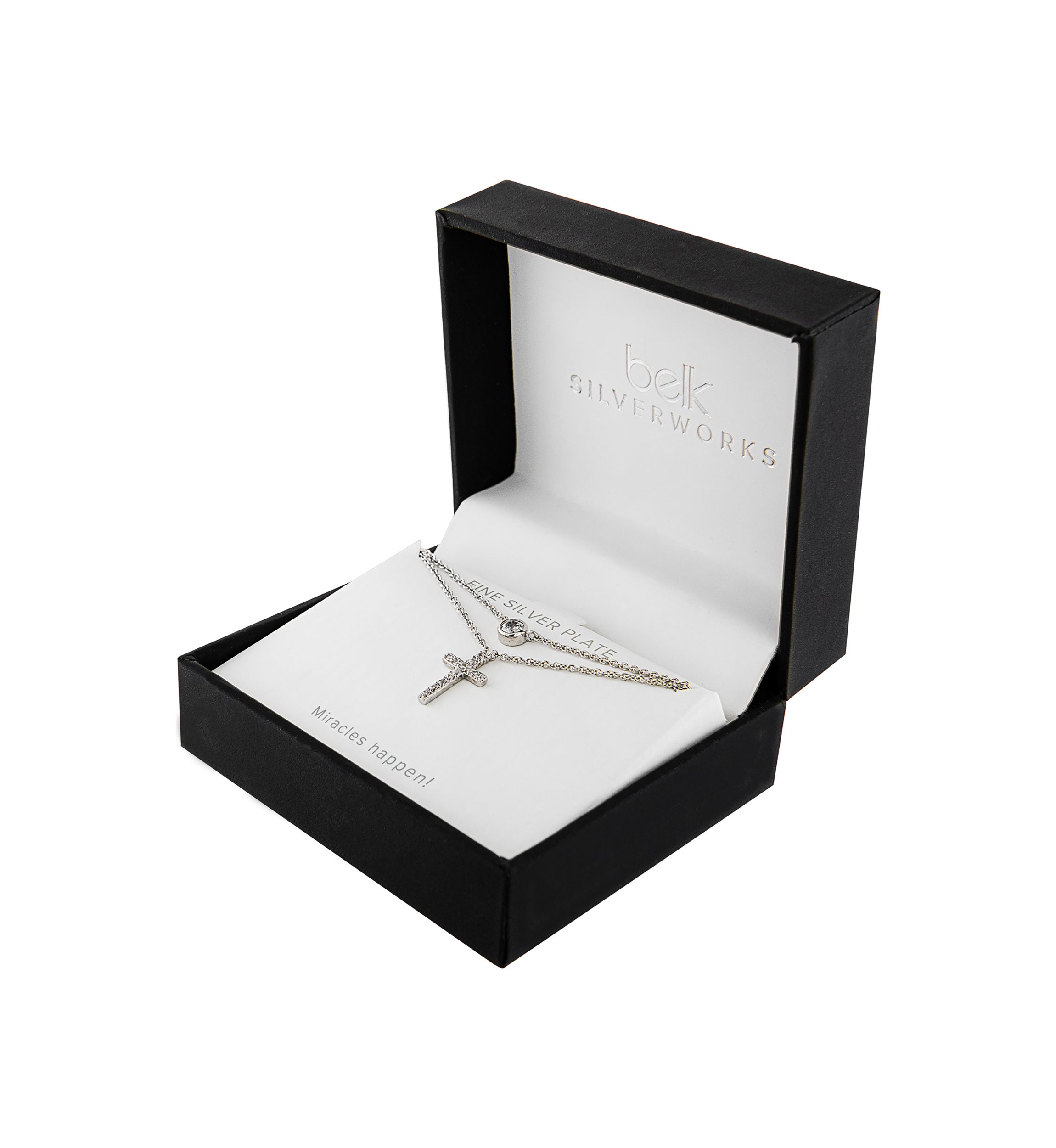Boxed Silver Plated 16" + 2" Cubic Zirconia and Small Cross Layered Necklace