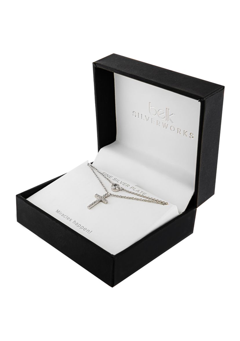 Boxed Silver Plated 16" + 2" Cubic Zirconia and Small Cross Layered Necklace
