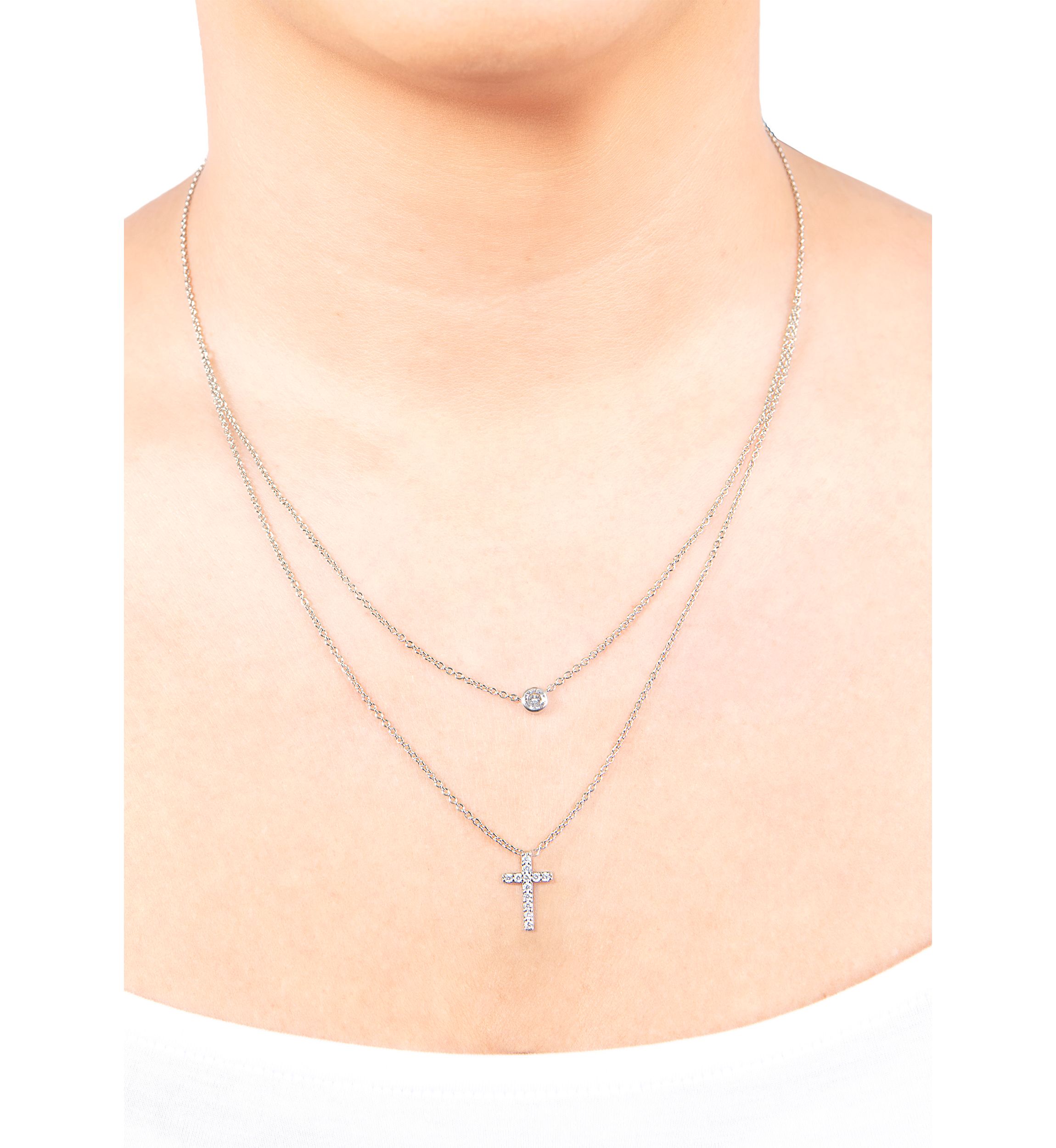 Boxed Silver Plated 16" + 2" Cubic Zirconia and Small Cross Layered Necklace
