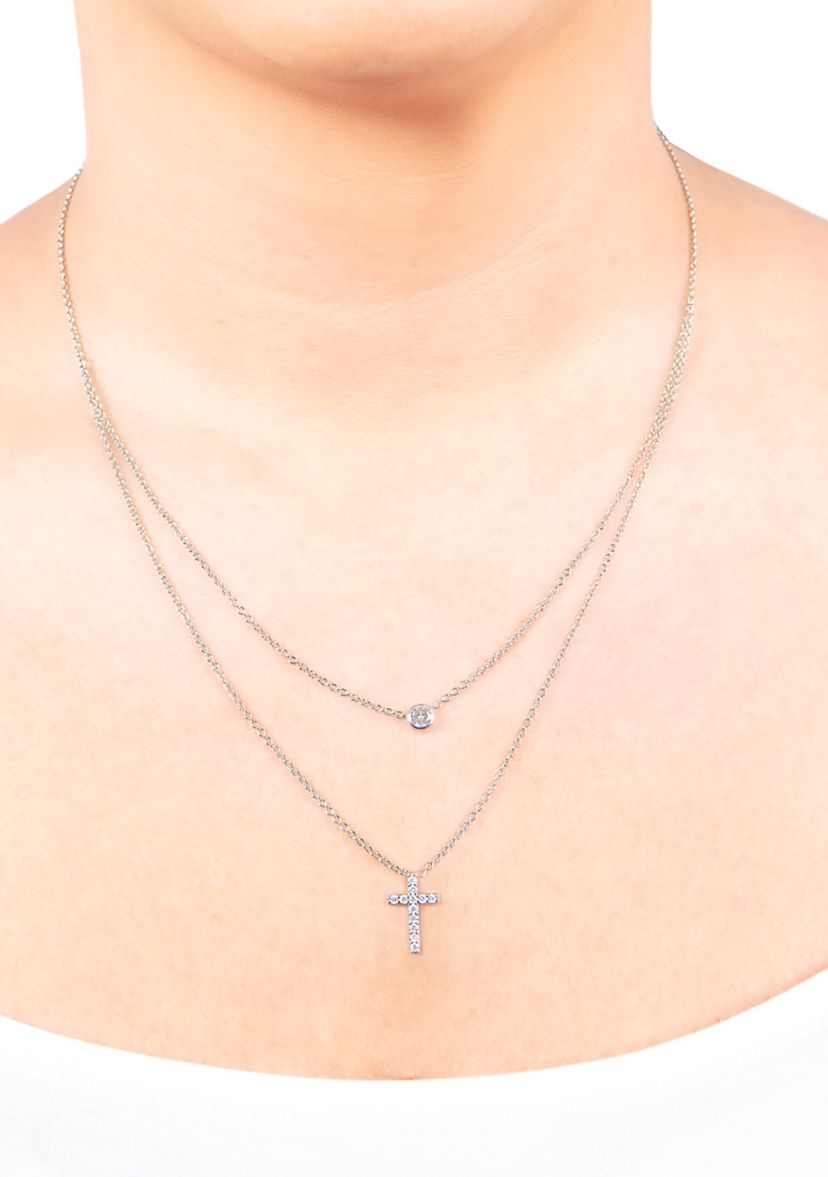 Boxed Silver Plated 16" + 2" Cubic Zirconia and Small Cross Layered Necklace