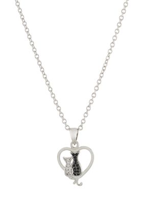 Infinity Silver Boxed Fine Silver Plated Cubic Zirconia Heart with Cats Pendant Necklace