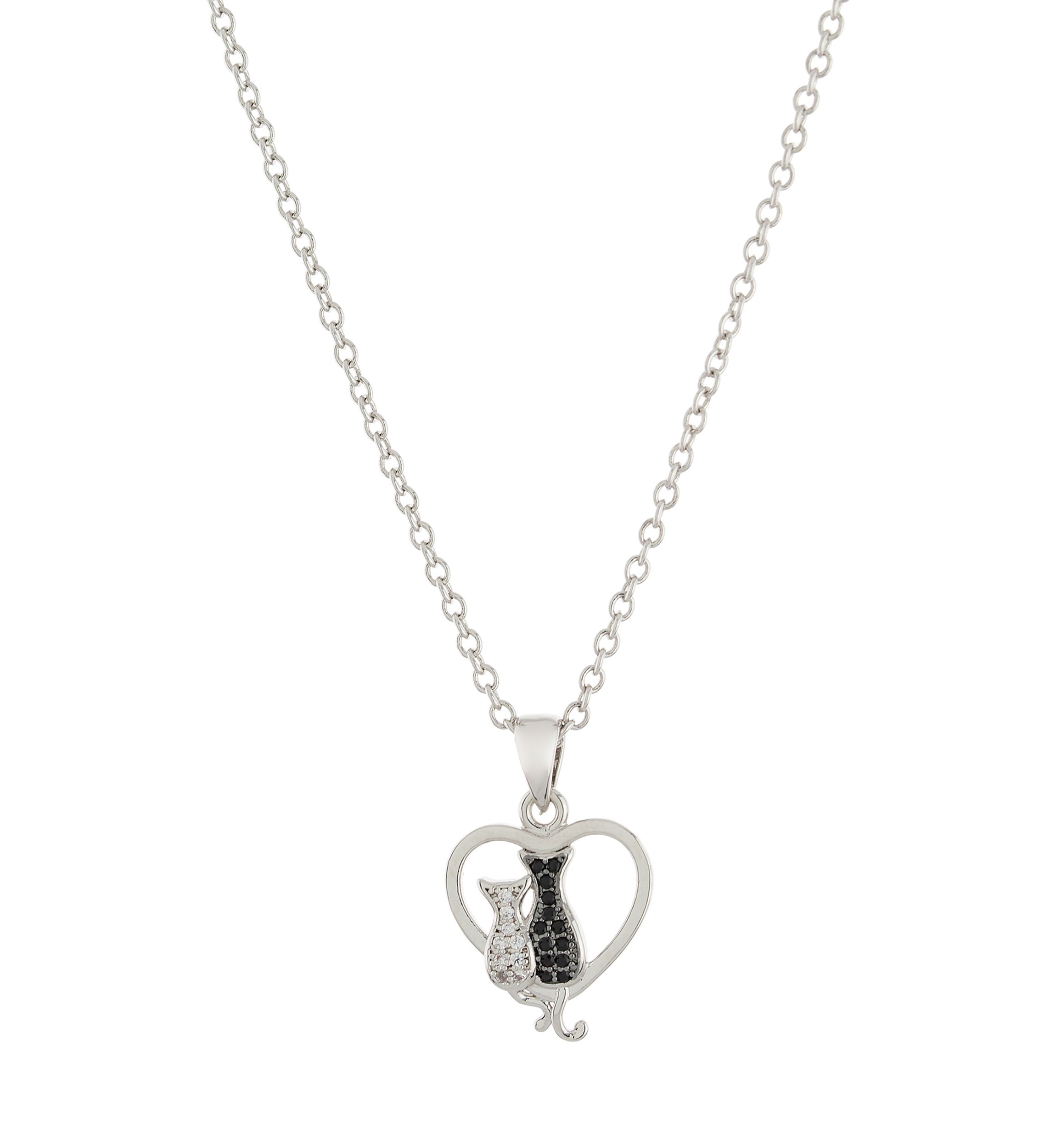 Boxed Fine Silver Plated Cubic Zirconia Heart with Cats Pendant Necklace