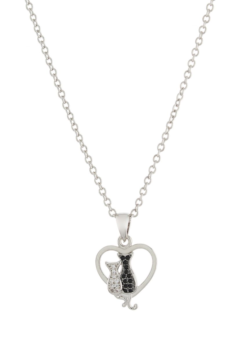 Boxed Fine Silver Plated Cubic Zirconia Heart with Cats Pendant Necklace
