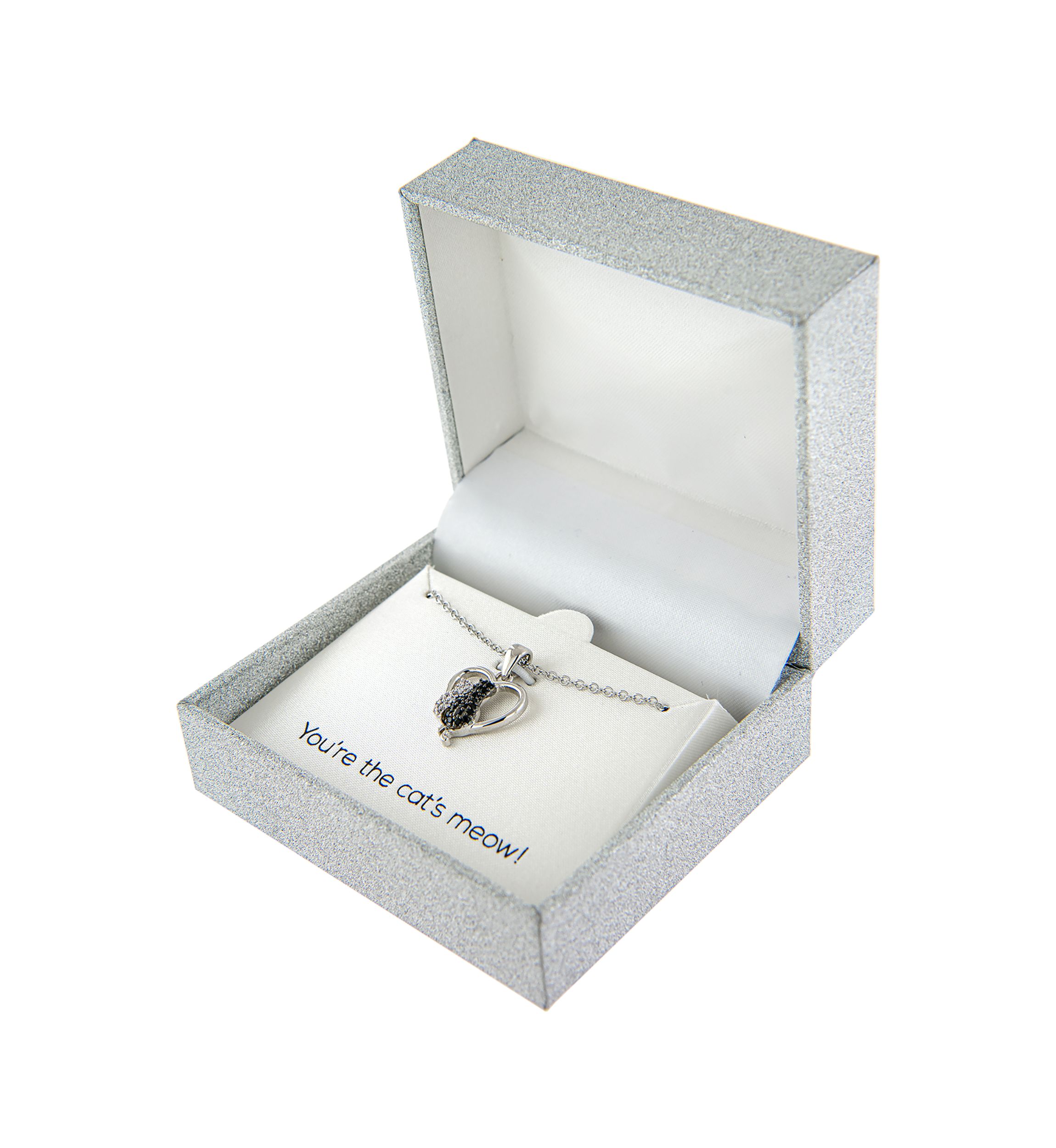 Boxed Fine Silver Plated Cubic Zirconia Heart with Cats Pendant Necklace