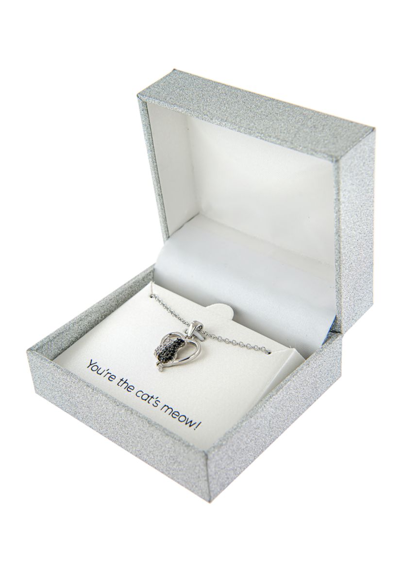 Boxed Fine Silver Plated Cubic Zirconia Heart with Cats Pendant Necklace