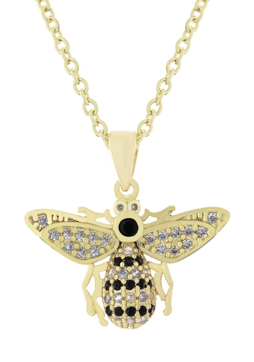 Boxed Yellow Gold Silver Plated 16 inch + 2 Inch Extender Cubic Zirconia Bumble Bee Pendant Necklace