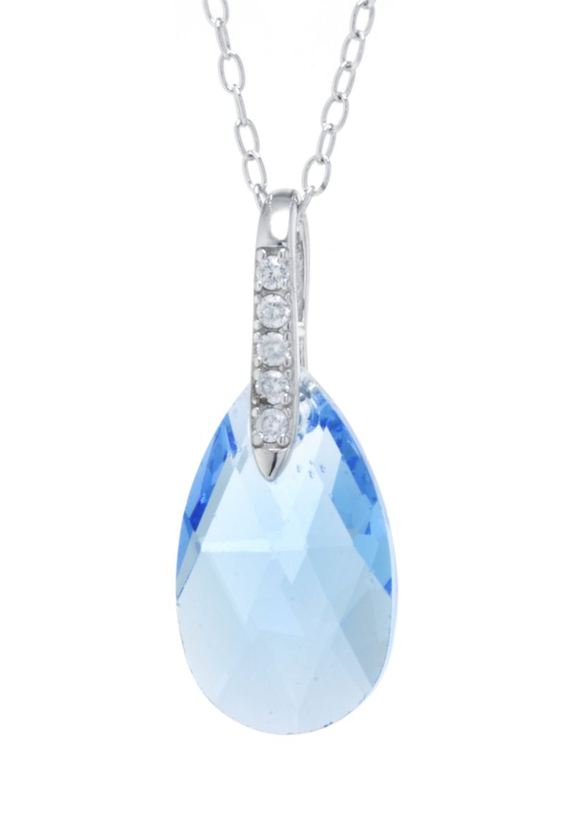 Boxed Fine Silver Plated 18 Inch Aqua Austrian Teardrop Pendant Necklace