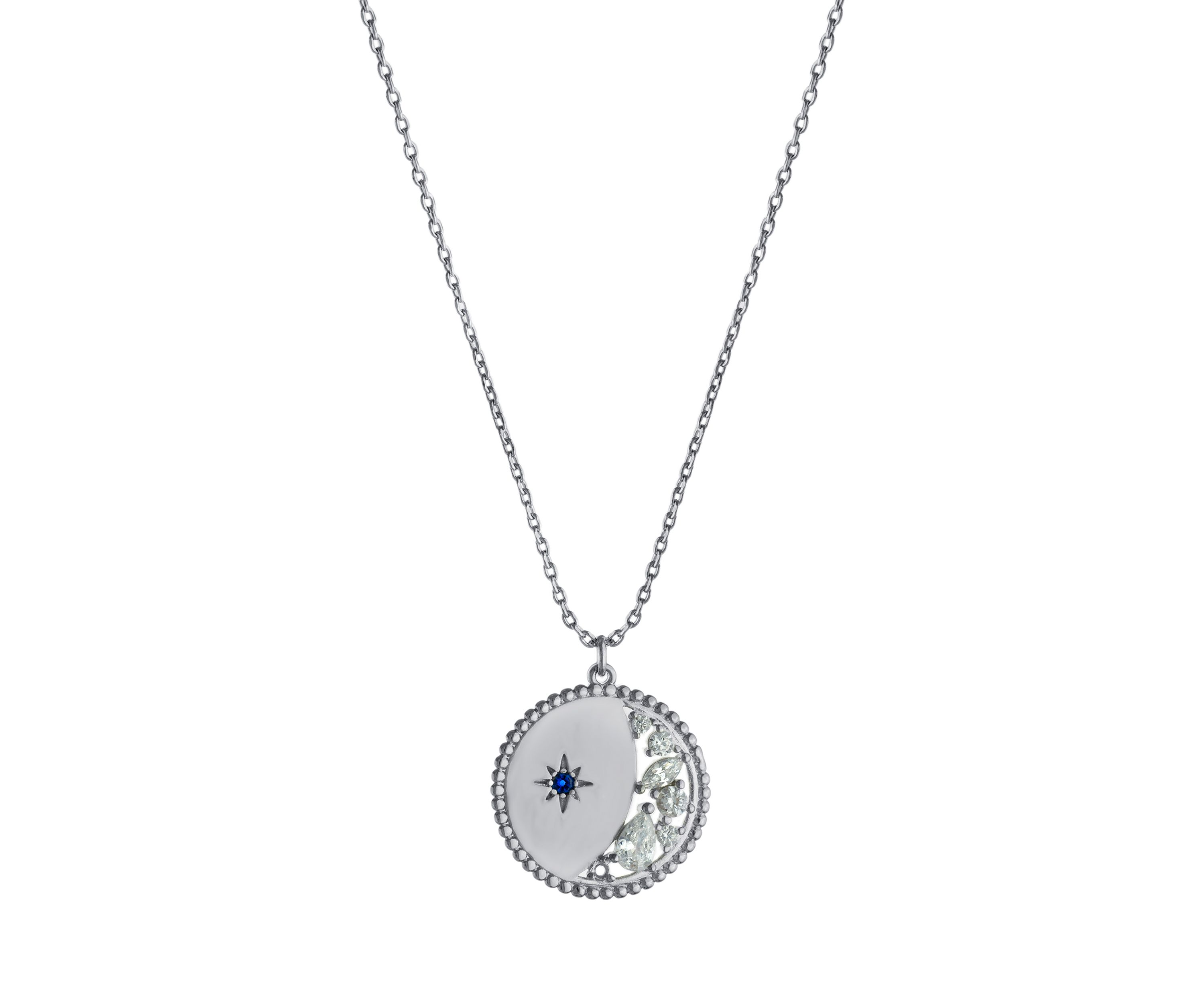 Fine Silver Plated 16" + 2" Cubic Zirconia Moon and Star Medallion Pendant Necklace - Boxed