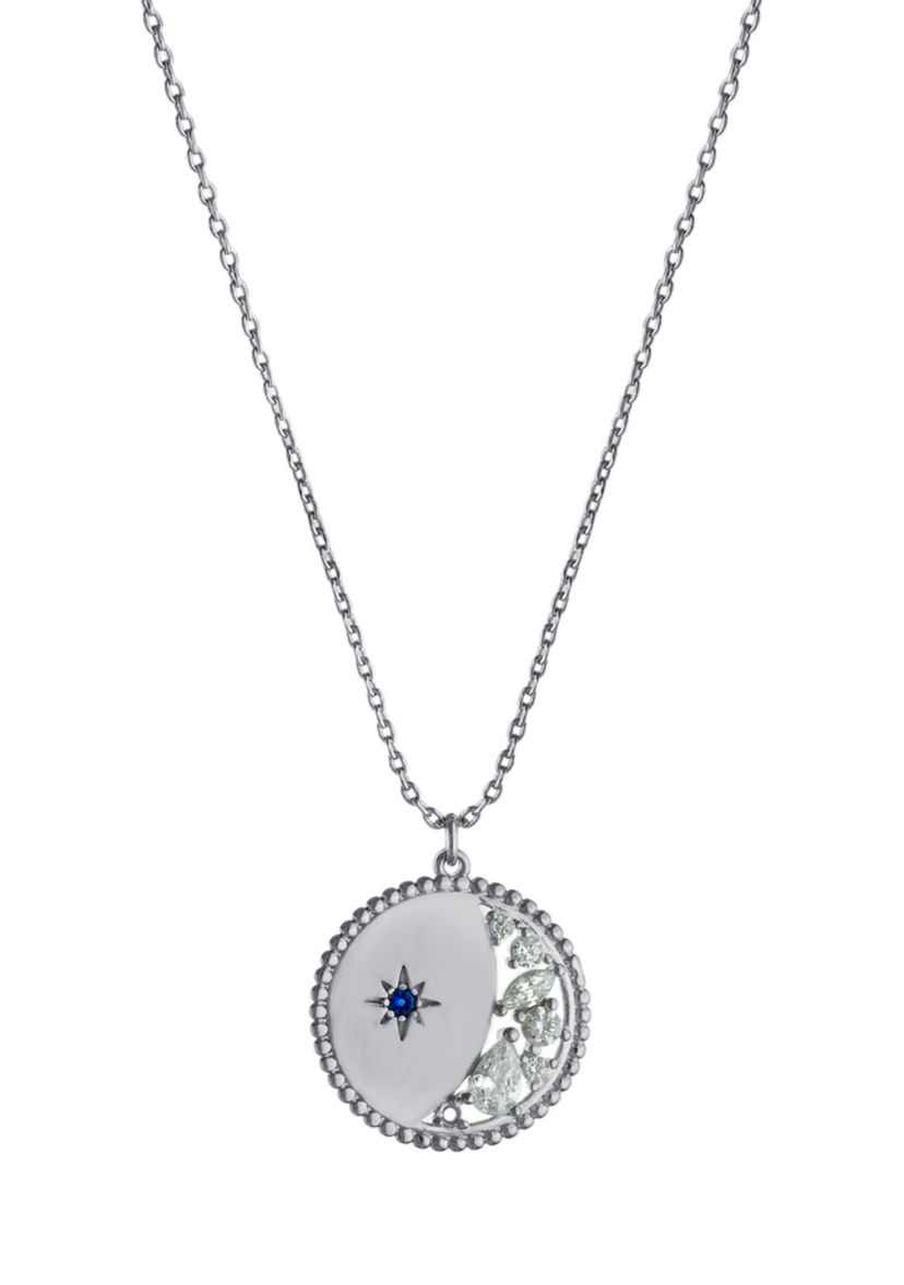 Fine Silver Plated 16" + 2" Cubic Zirconia Moon and Star Medallion Pendant Necklace - Boxed