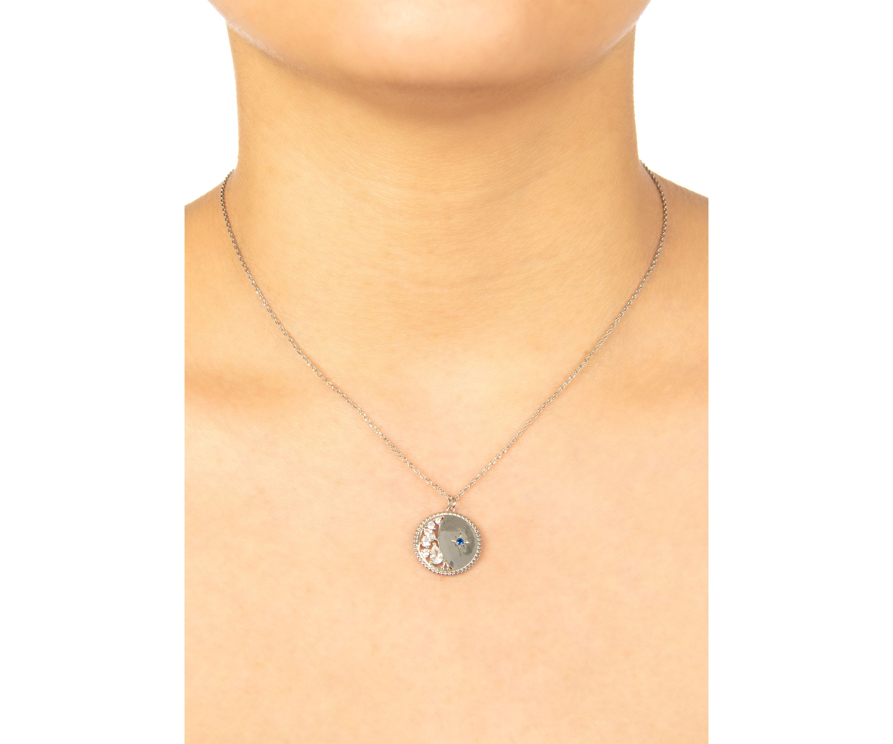 Fine Silver Plated 16" + 2" Cubic Zirconia Moon and Star Medallion Pendant Necklace - Boxed