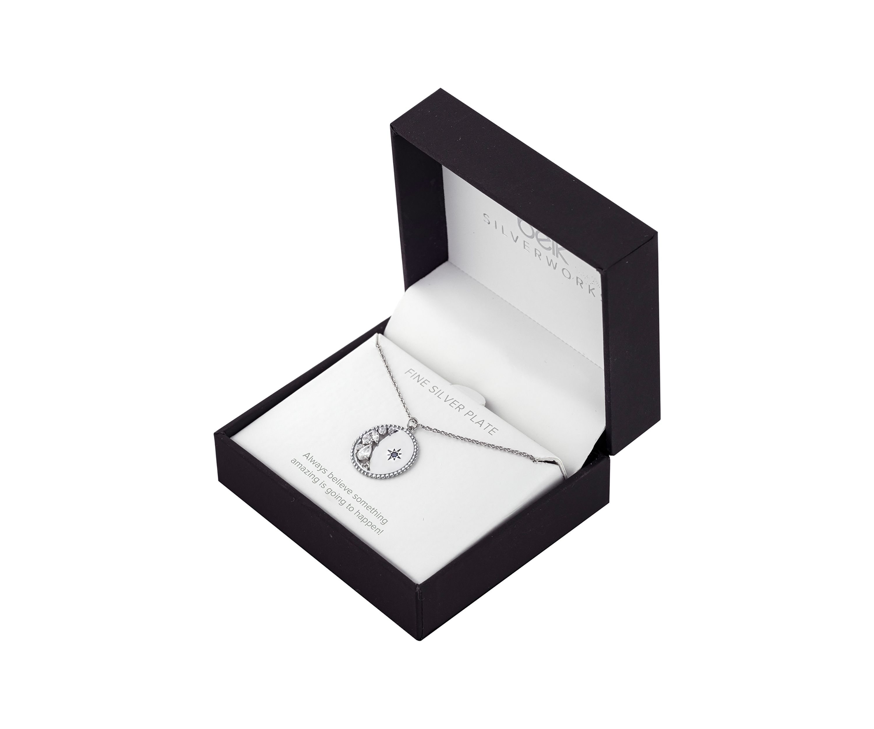 Fine Silver Plated 16" + 2" Cubic Zirconia Moon and Star Medallion Pendant Necklace - Boxed