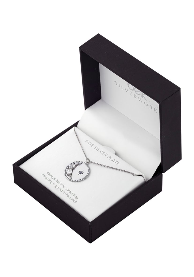 Fine Silver Plated 16" + 2" Cubic Zirconia Moon and Star Medallion Pendant Necklace - Boxed
