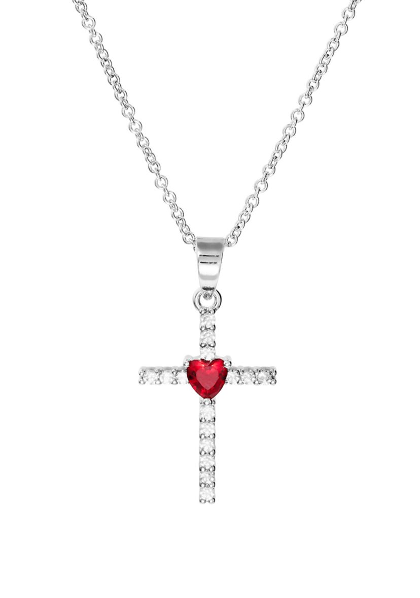 Boxed Silver Plated Cubic Zirconia Cross with Red Heart Necklace