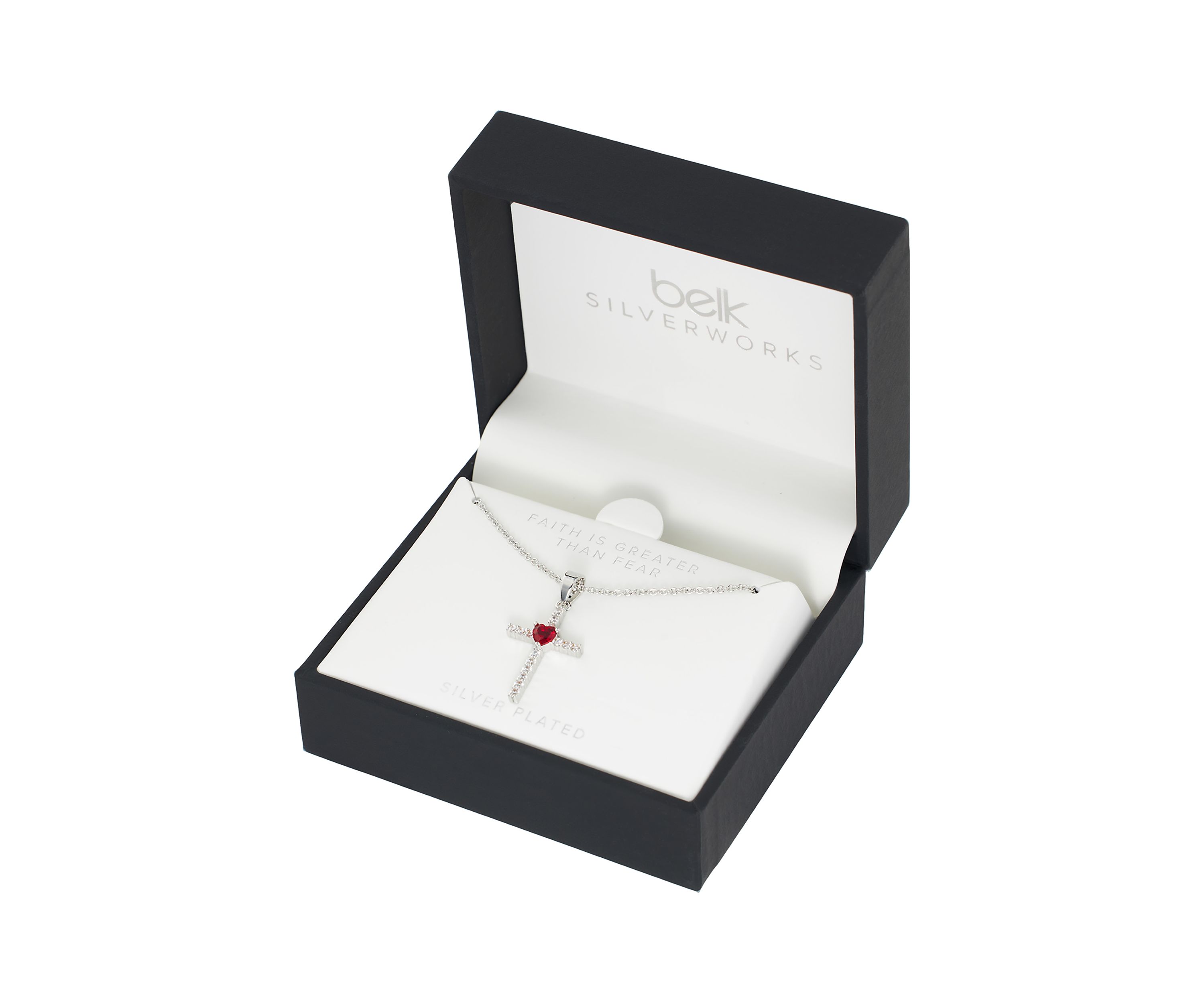 Boxed Silver Plated Cubic Zirconia Cross with Red Heart Necklace