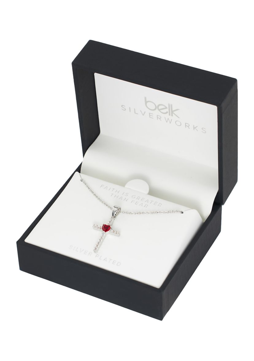 Boxed Silver Plated Cubic Zirconia Cross with Red Heart Necklace