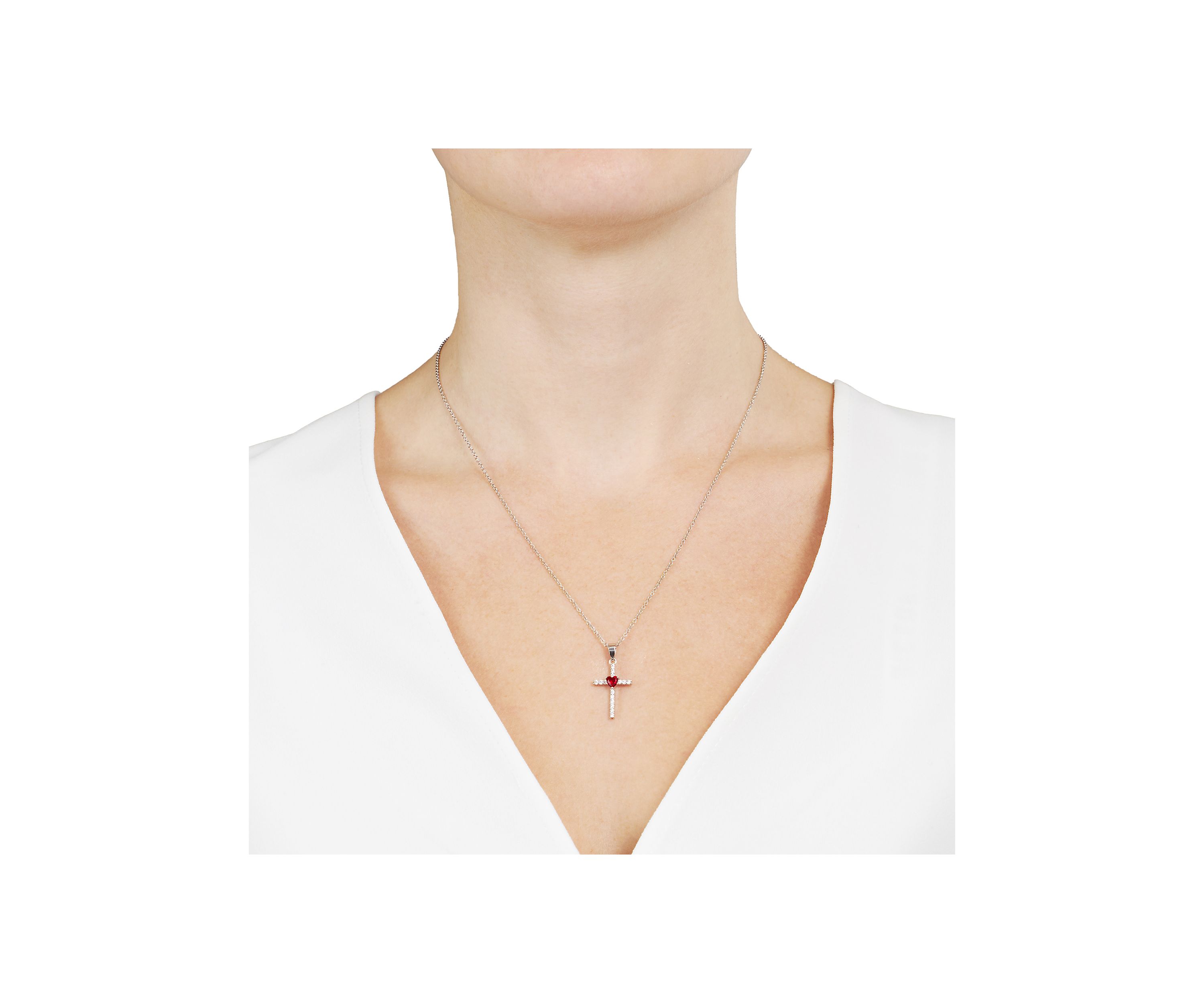 Boxed Silver Plated Cubic Zirconia Cross with Red Heart Necklace