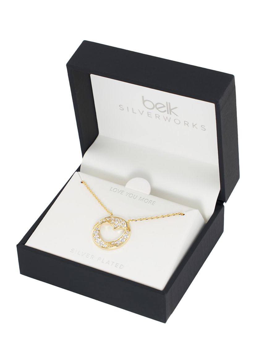 Boxed Gold Over Silver Plated Cubic Zirconia Pave Circle Cut-Out Heart Pendant Necklace