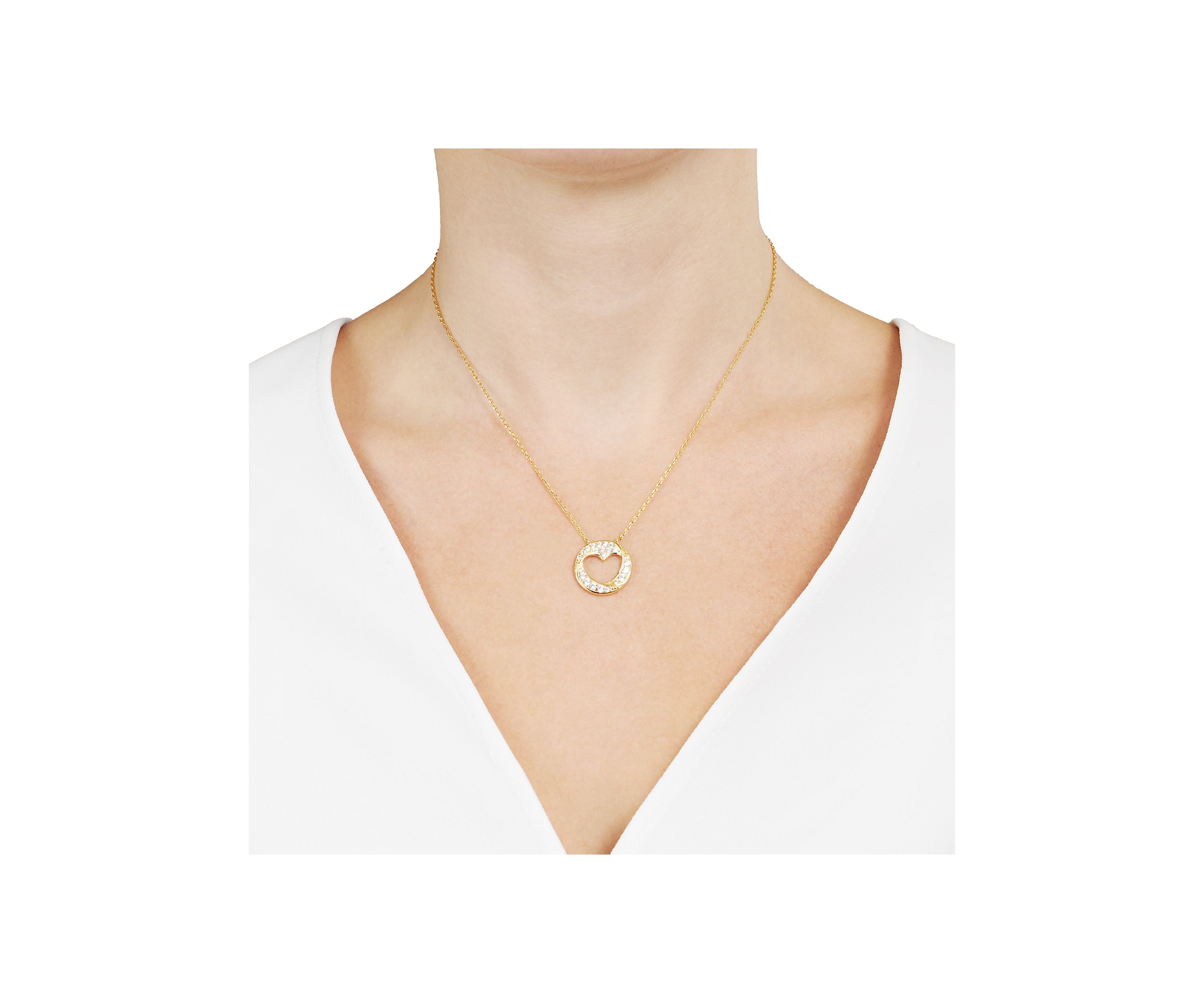 Boxed Gold Over Silver Plated Cubic Zirconia Pave Circle Cut-Out Heart Pendant Necklace