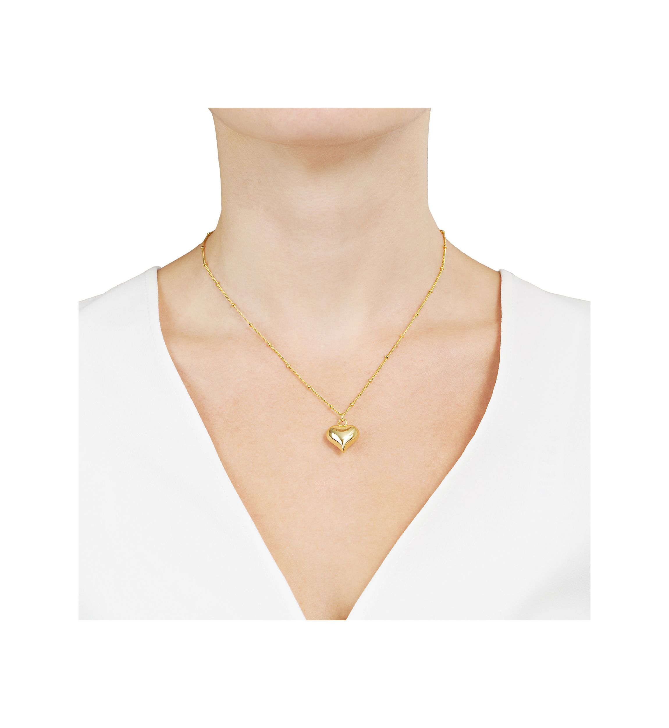 Boxed Gold Over Silver Plated Puffy Heart Beaded Chain Necklace