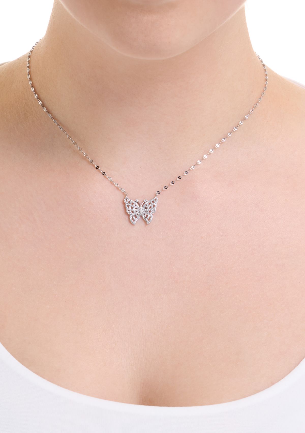 Plated Cubic Zirconia Butterfly Mirror Chain Necklace