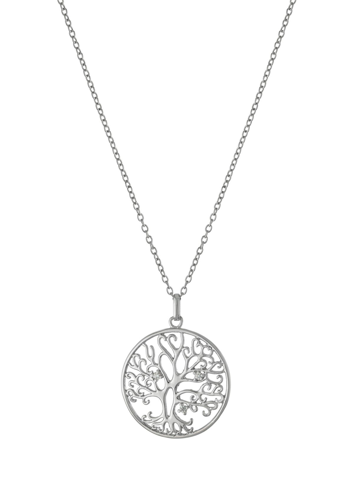 18" Silver Plated Cubic Zirconia Tree of Life Pendant Necklace