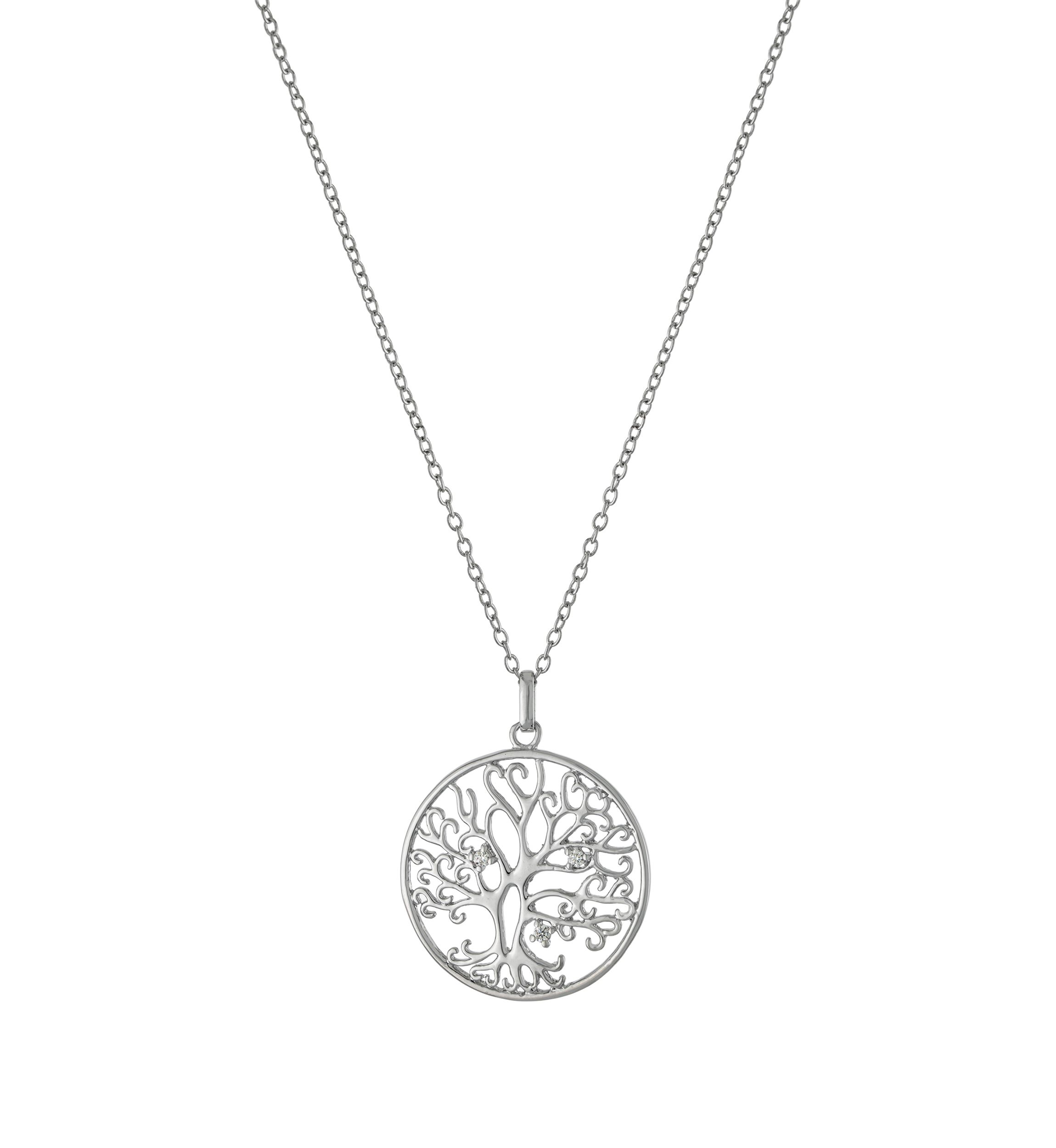18" Silver Plated Cubic Zirconia Tree of Life Pendant Necklace