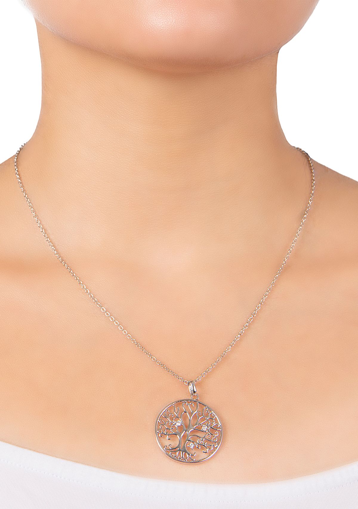 18" Silver Plated Cubic Zirconia Tree of Life Pendant Necklace