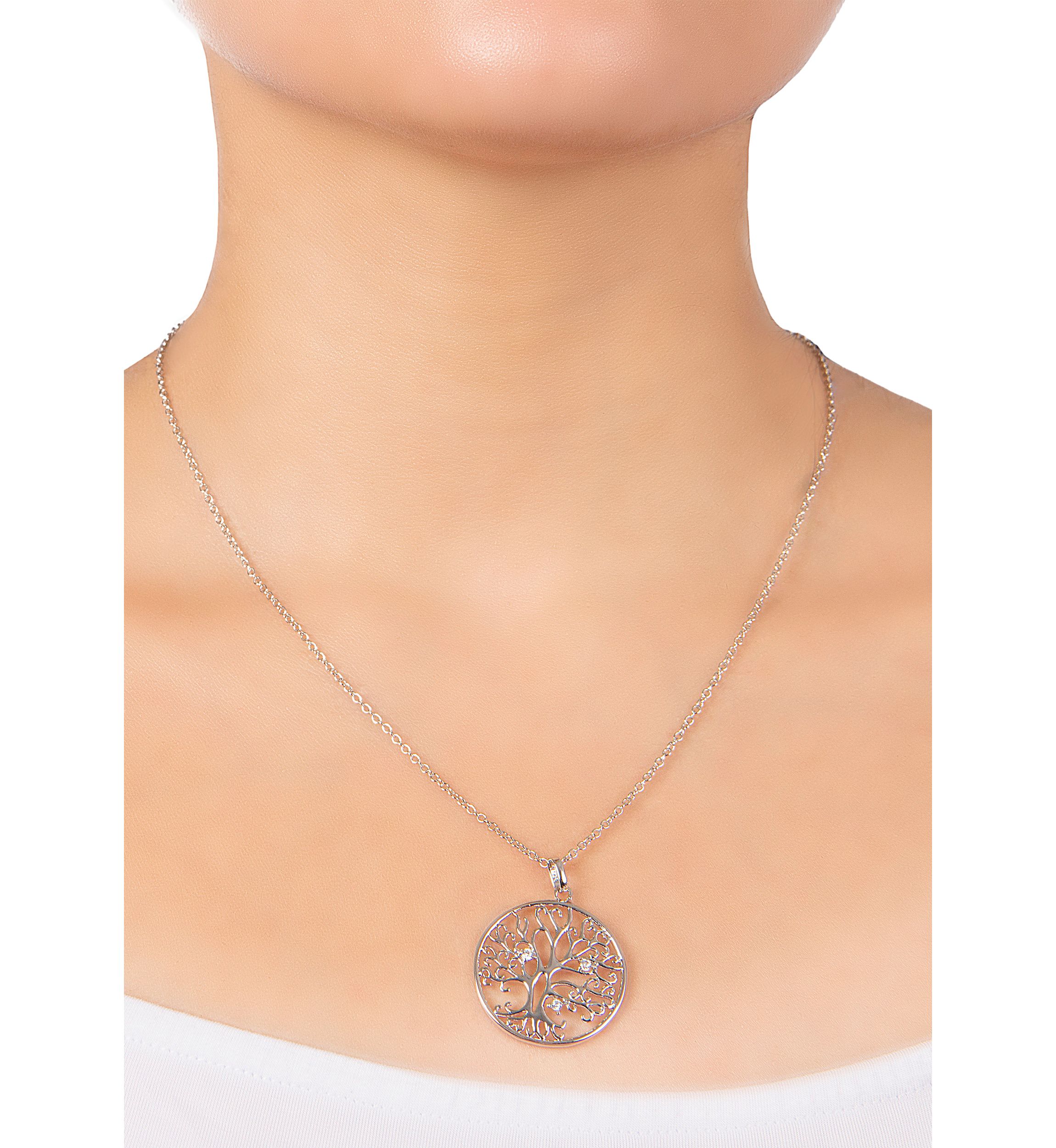 18" Silver Plated Cubic Zirconia Tree of Life Pendant Necklace