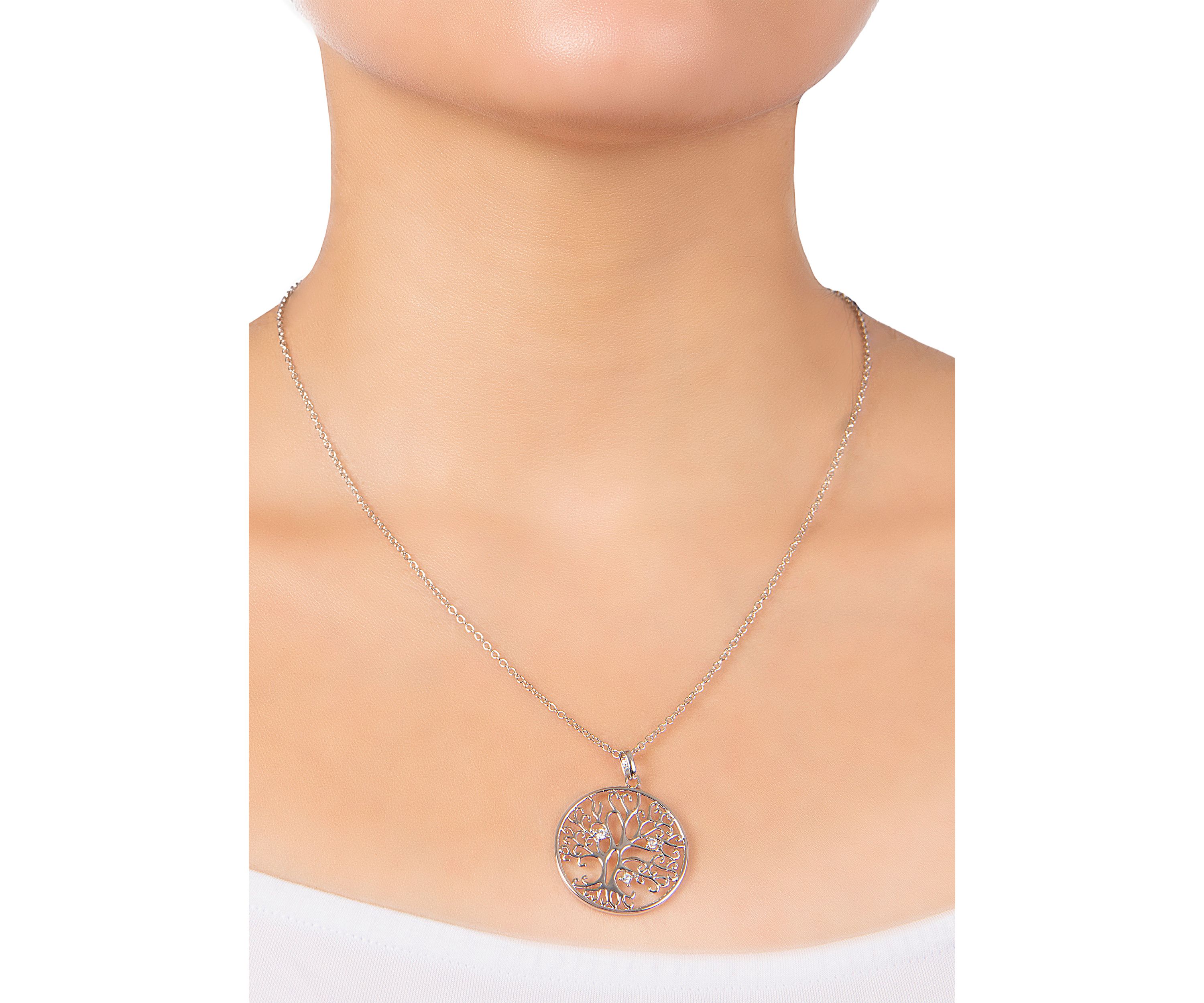 18" Silver Plated Cubic Zirconia Tree of Life Pendant Necklace
