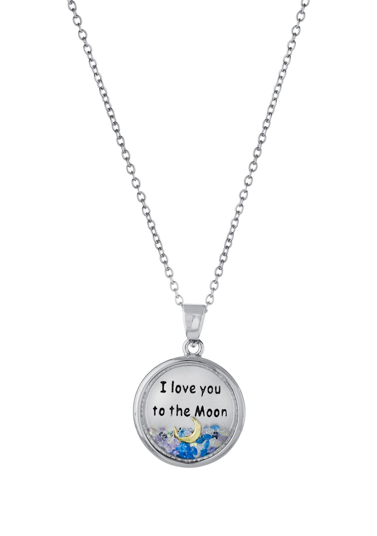 Boxed Silver Plated 18" I Love you to the Moon and Back Blue Dancing Crystals Pendant Necklace