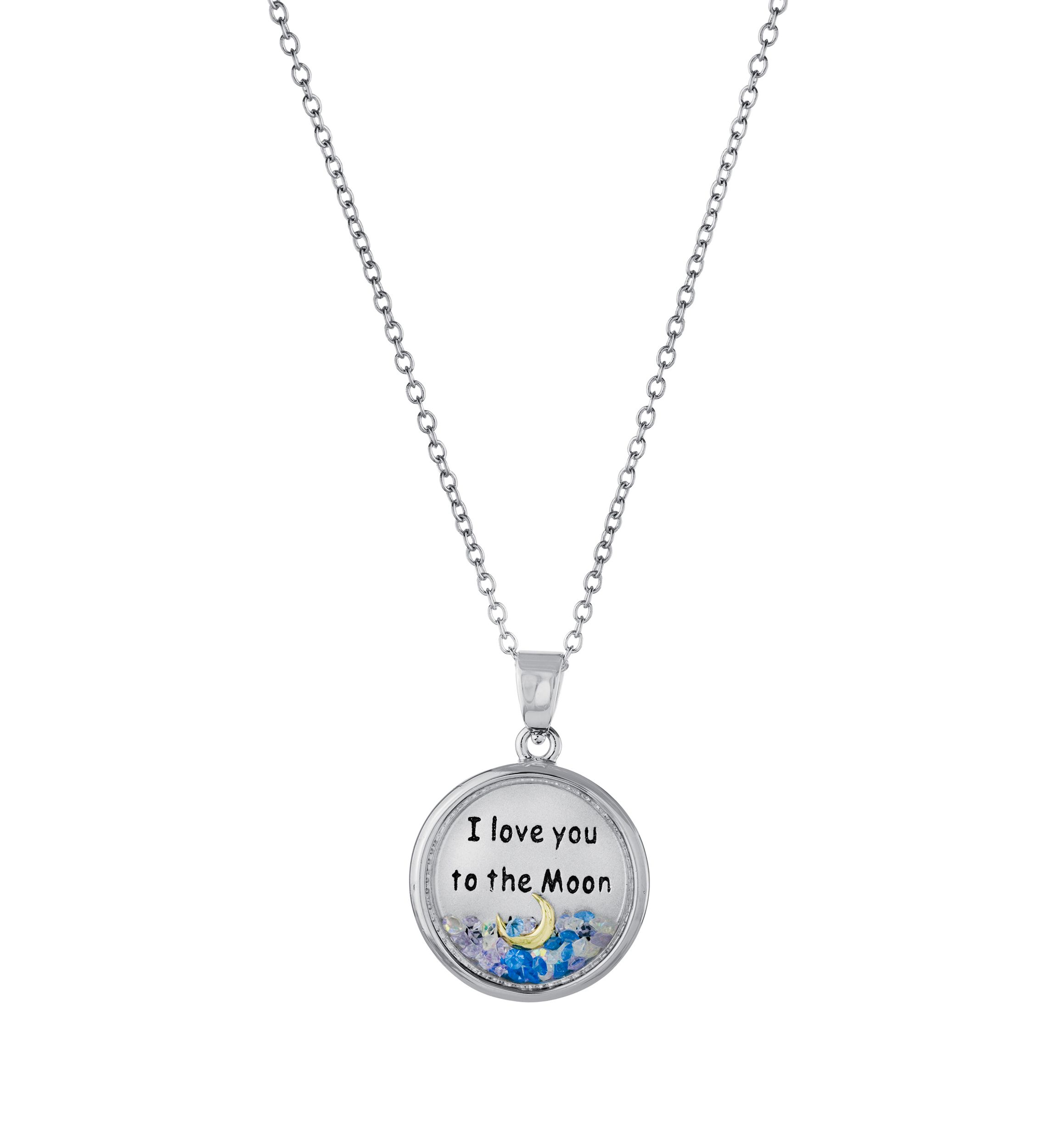Boxed Silver Plated 18" I Love you to the Moon and Back Blue Dancing Crystals Pendant Necklace