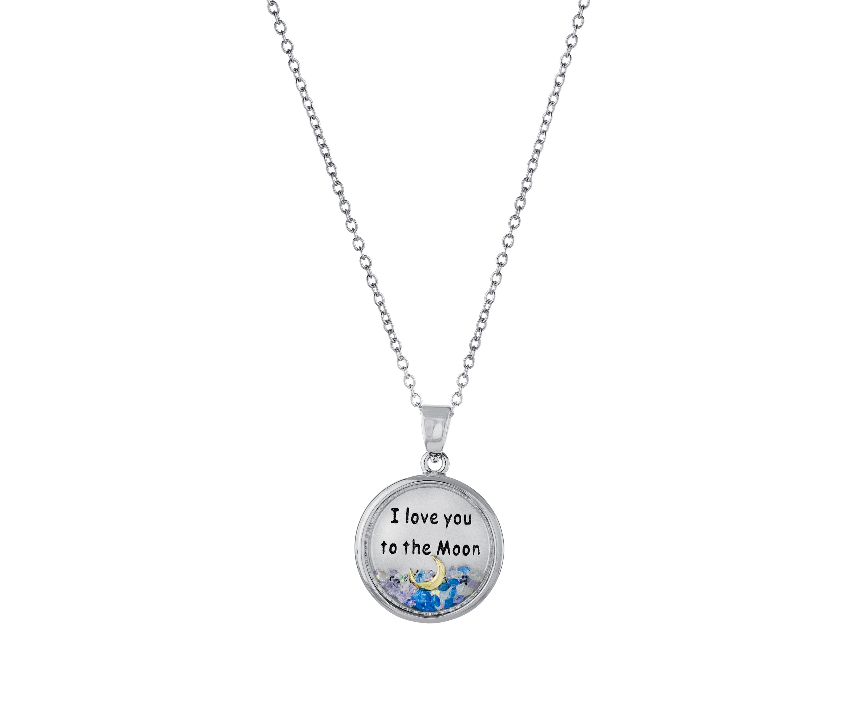 Boxed Silver Plated 18" I Love you to the Moon and Back Blue Dancing Crystals Pendant Necklace