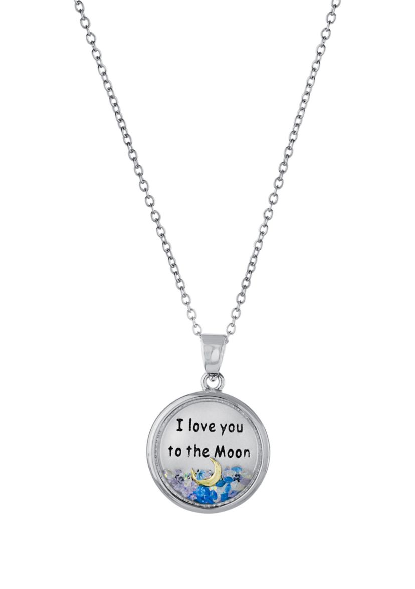 Boxed Silver Plated 18" I Love you to the Moon and Back Blue Dancing Crystals Pendant Necklace