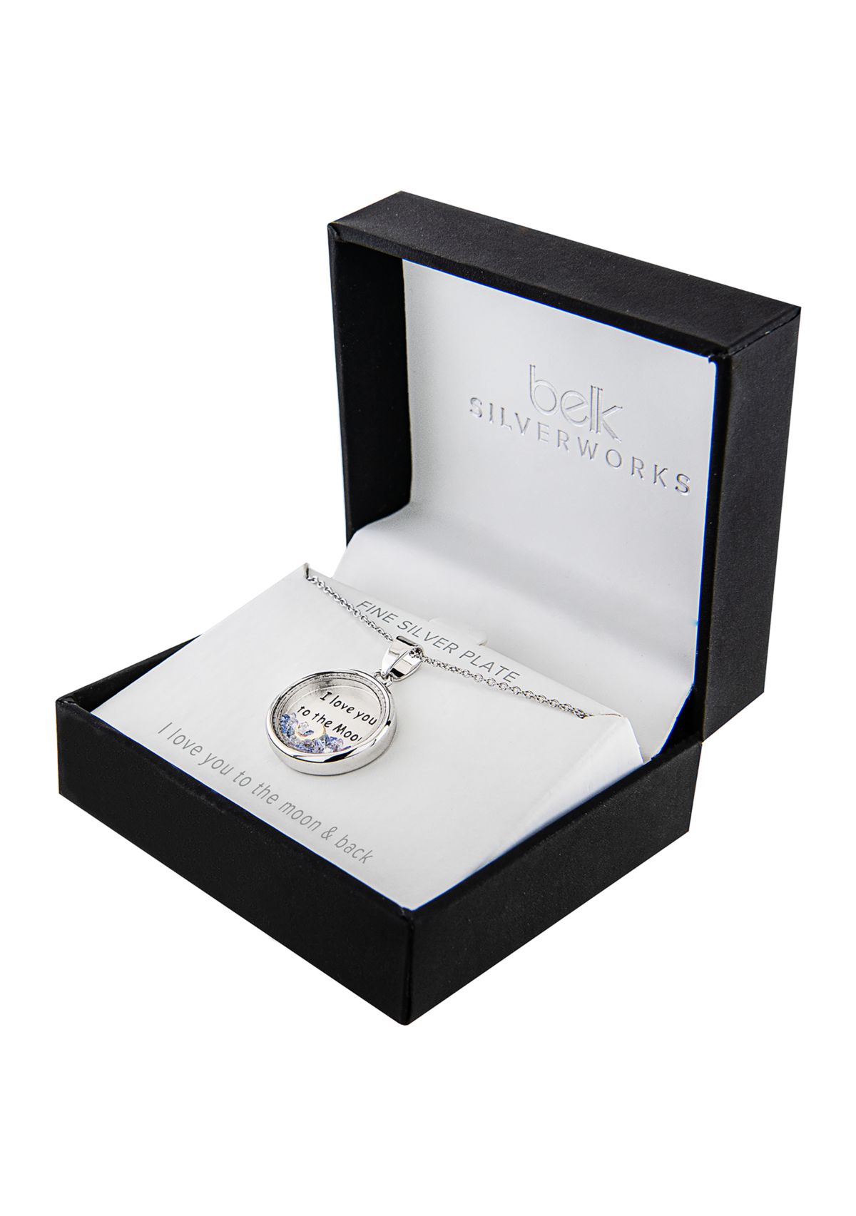 Boxed Silver Plated 18" I Love you to the Moon and Back Blue Dancing Crystals Pendant Necklace