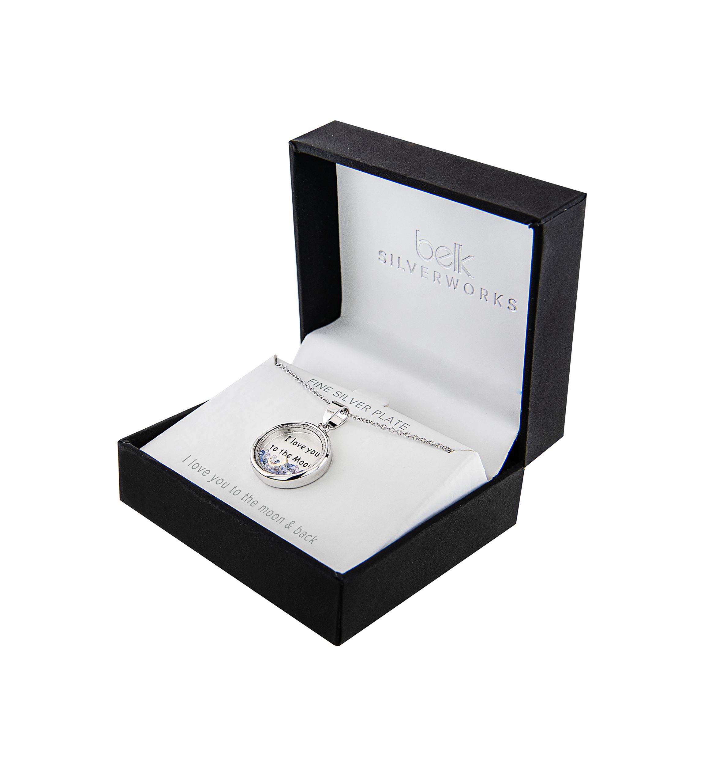 Boxed Silver Plated 18" I Love you to the Moon and Back Blue Dancing Crystals Pendant Necklace