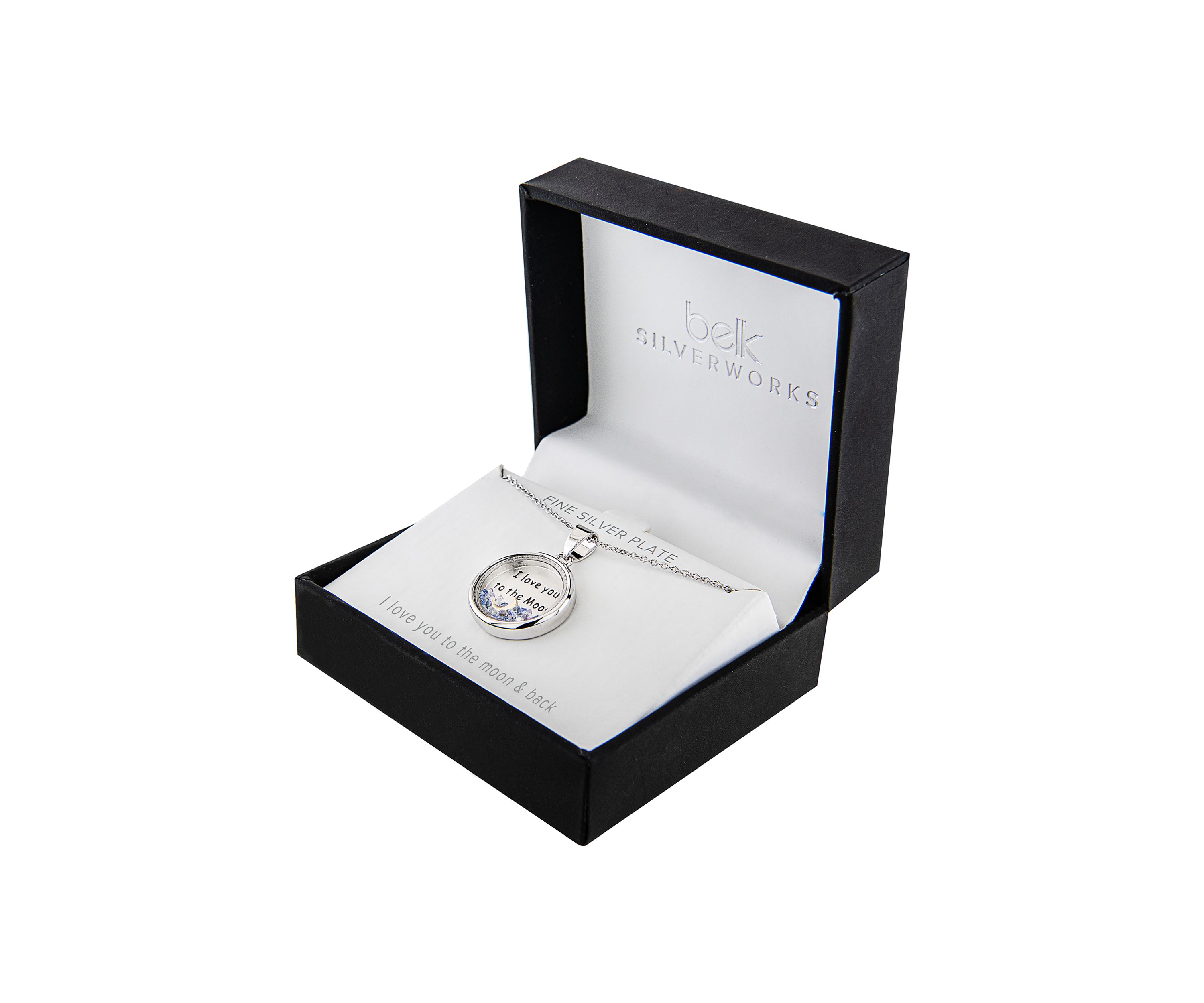 Boxed Silver Plated 18" I Love you to the Moon and Back Blue Dancing Crystals Pendant Necklace