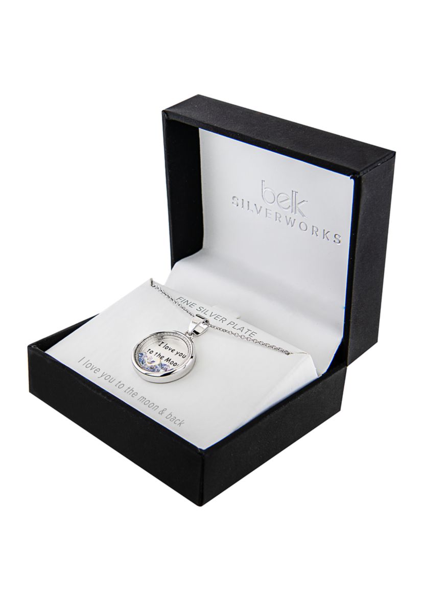 Boxed Silver Plated 18" I Love you to the Moon and Back Blue Dancing Crystals Pendant Necklace