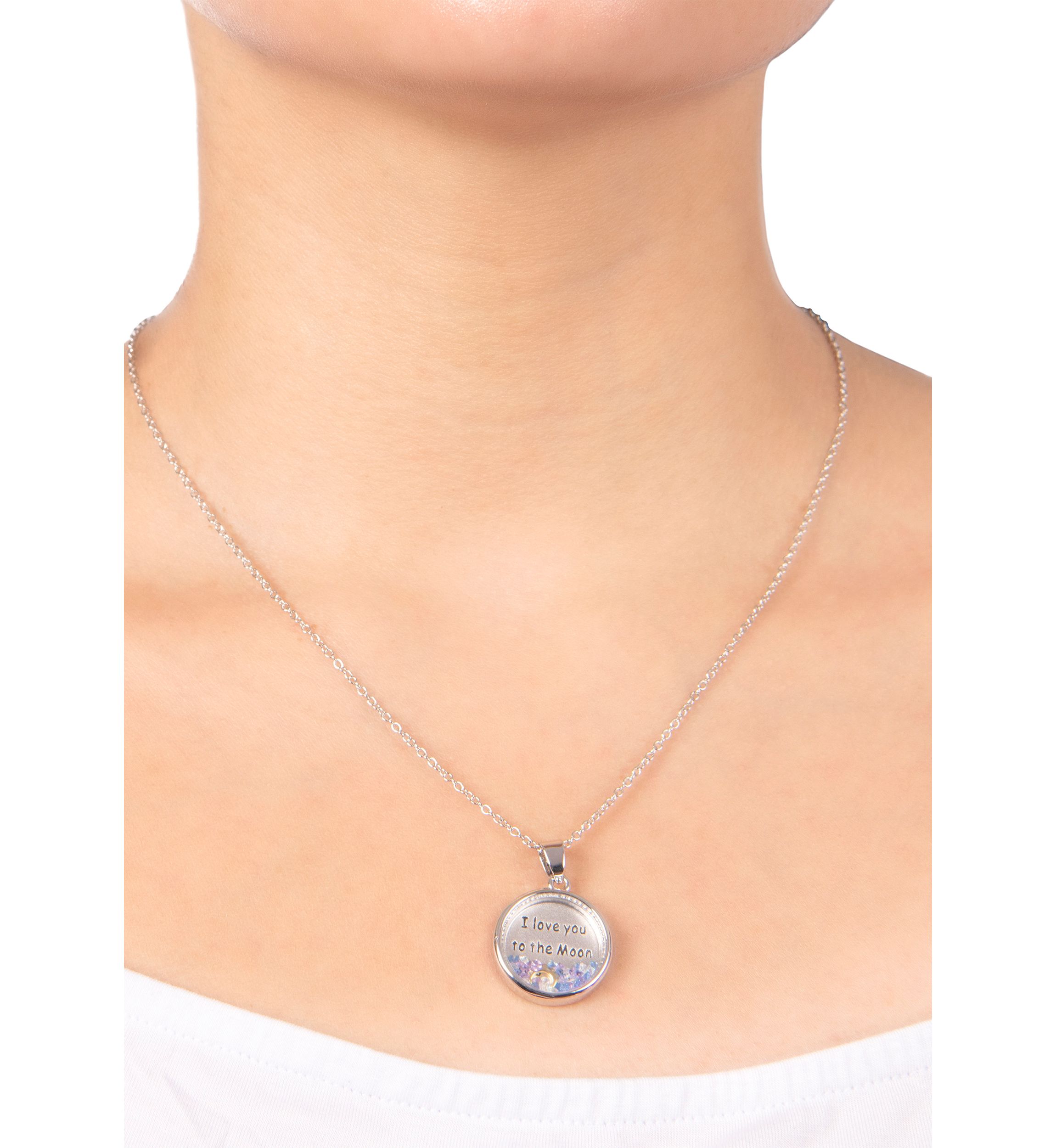 Boxed Silver Plated 18" I Love you to the Moon and Back Blue Dancing Crystals Pendant Necklace
