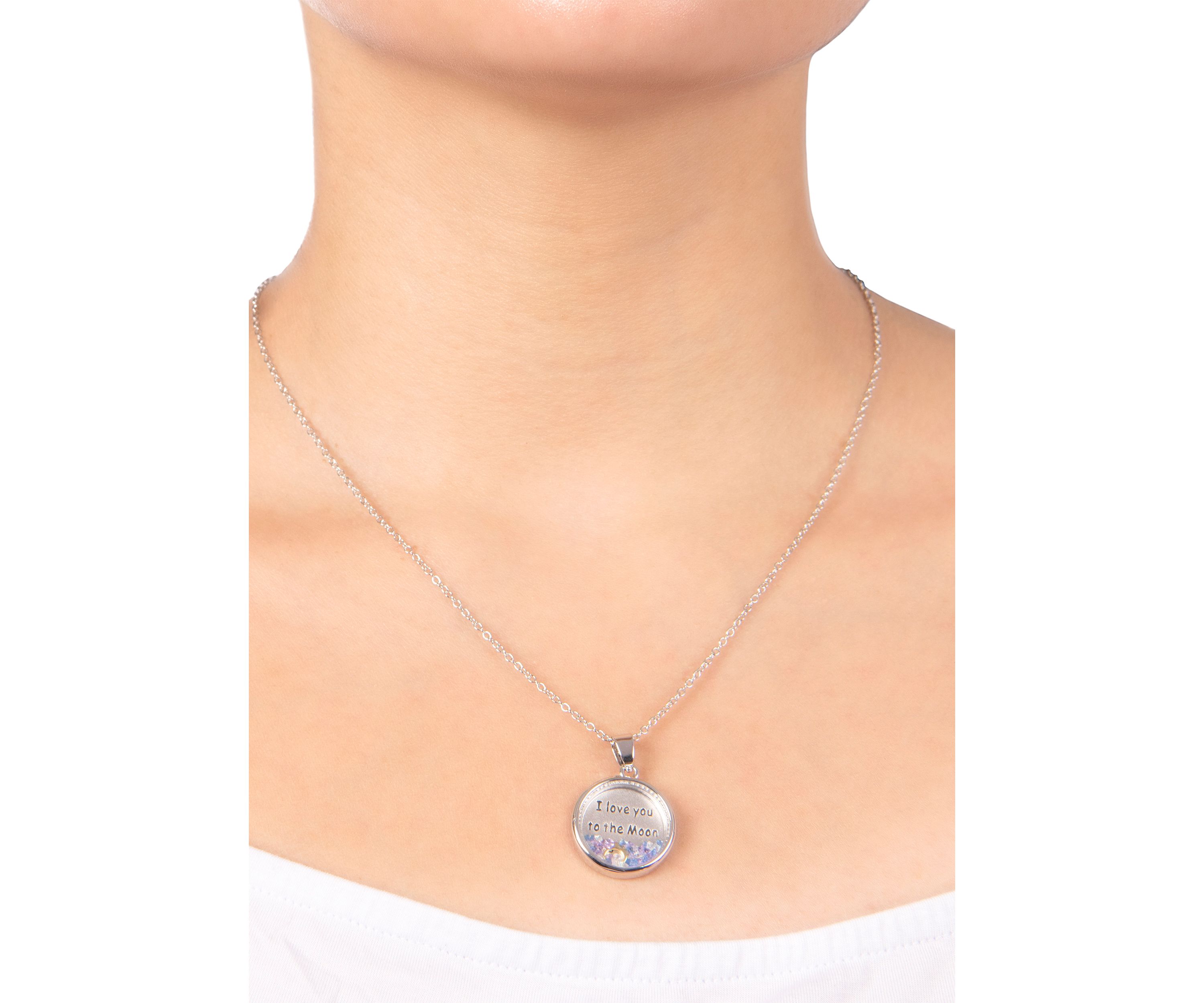 Boxed Silver Plated 18" I Love you to the Moon and Back Blue Dancing Crystals Pendant Necklace