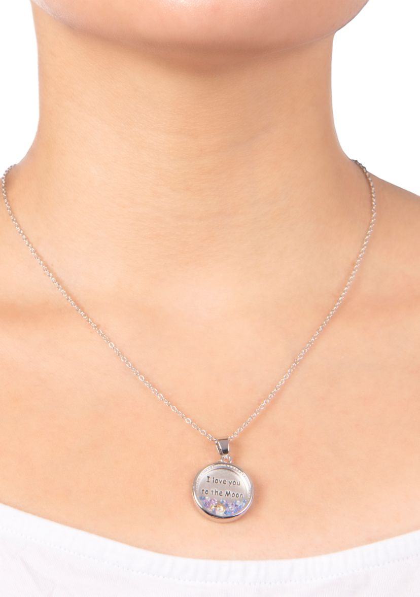 Boxed Silver Plated 18" I Love you to the Moon and Back Blue Dancing Crystals Pendant Necklace