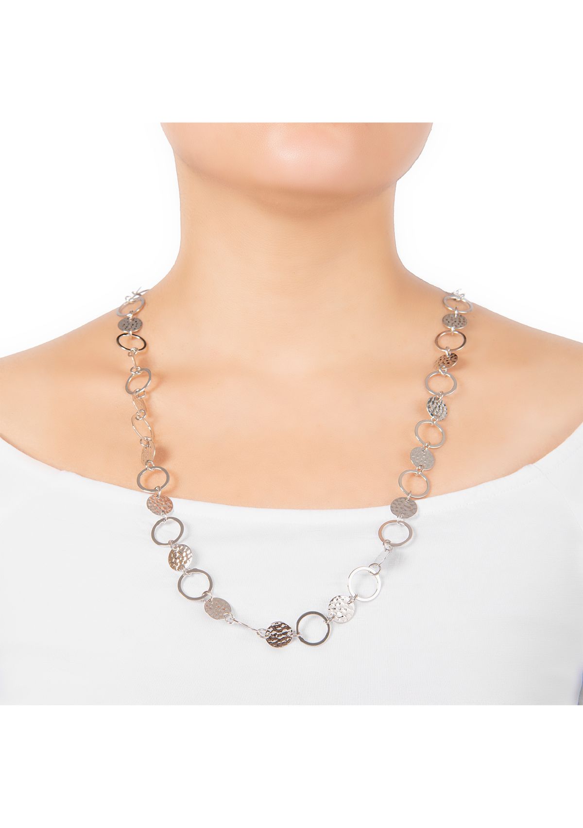 30" Silver Plated Hammered and Open Circle Necklace