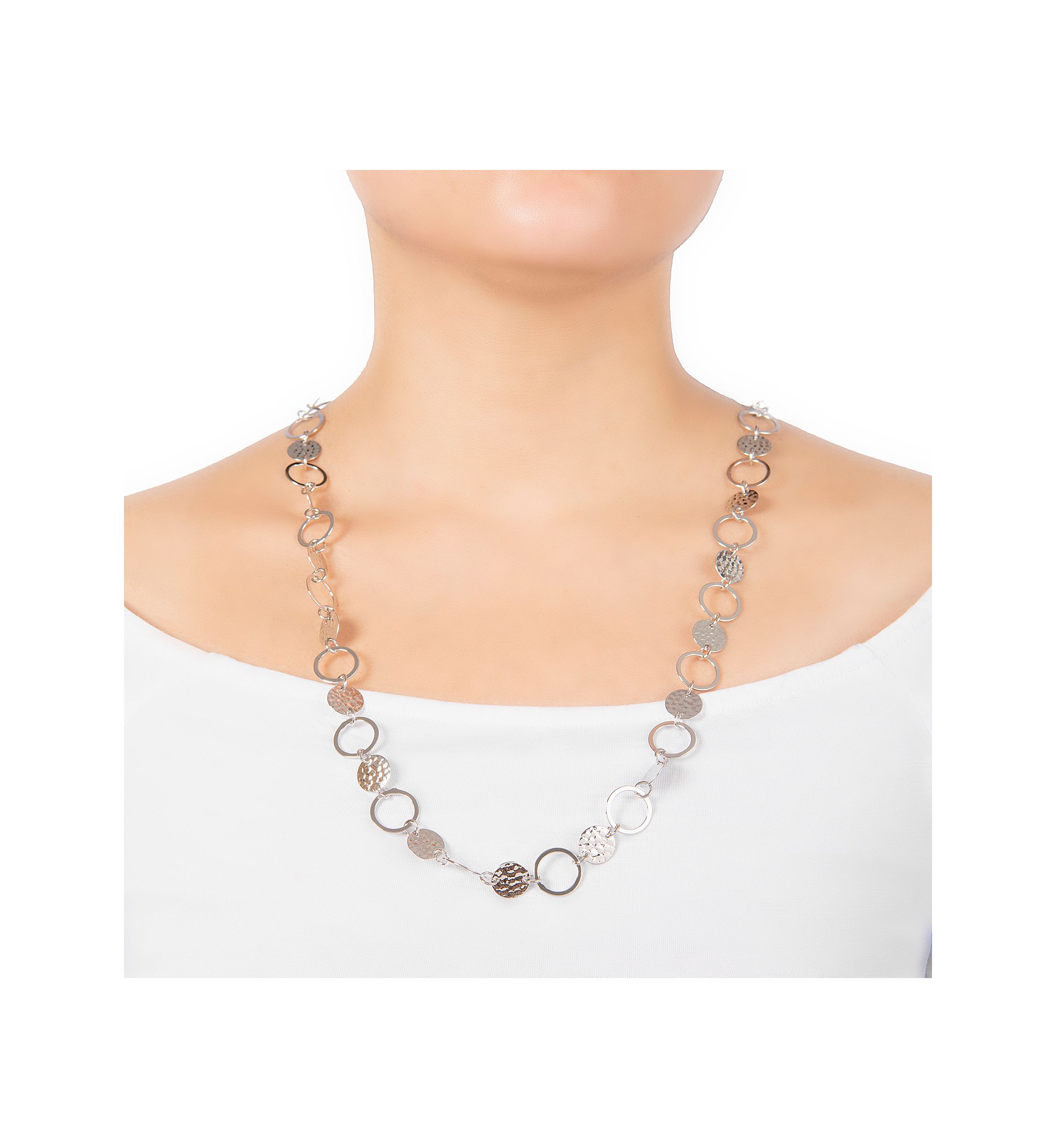 30" Silver Plated Hammered and Open Circle Necklace