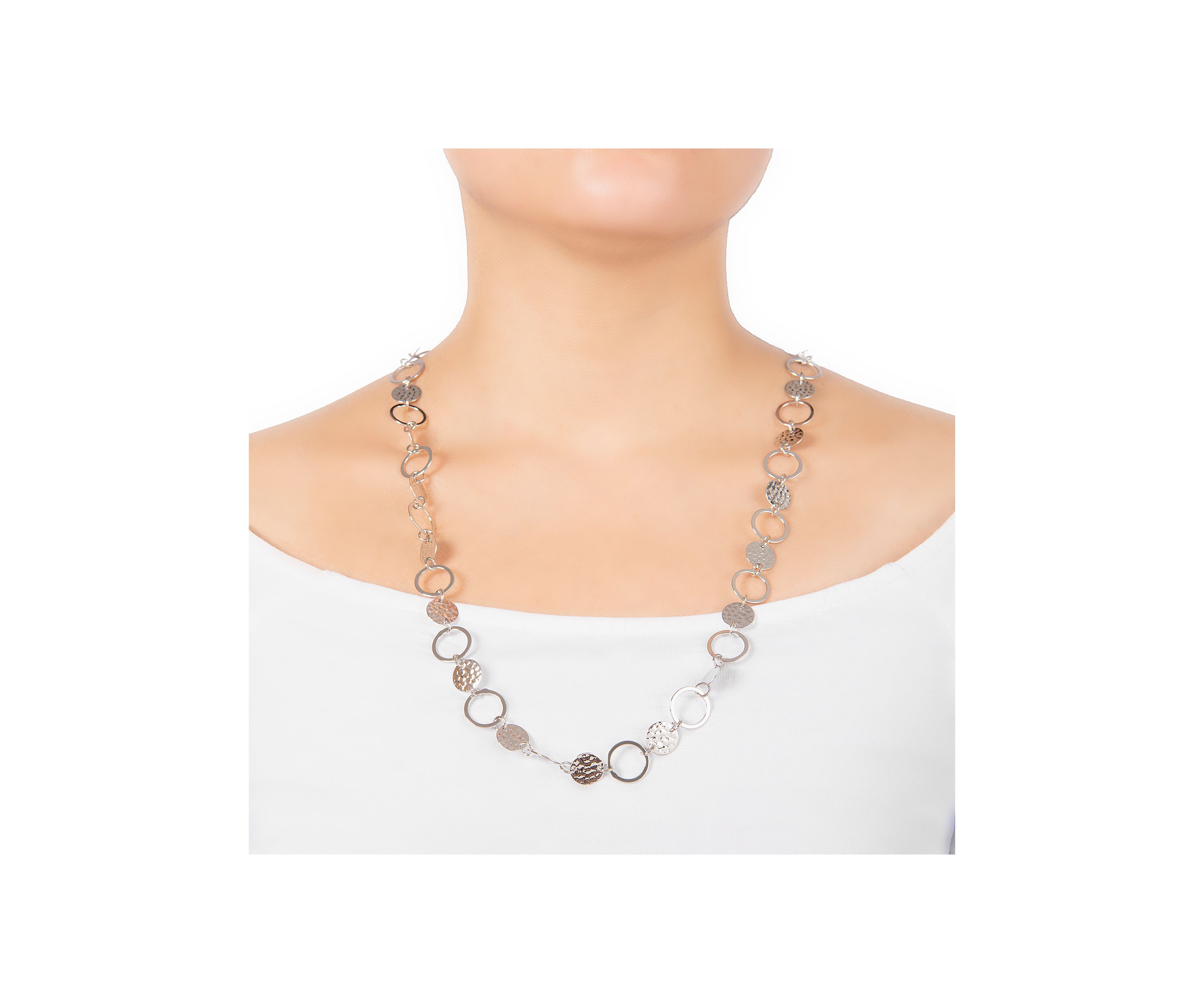 30" Silver Plated Hammered and Open Circle Necklace