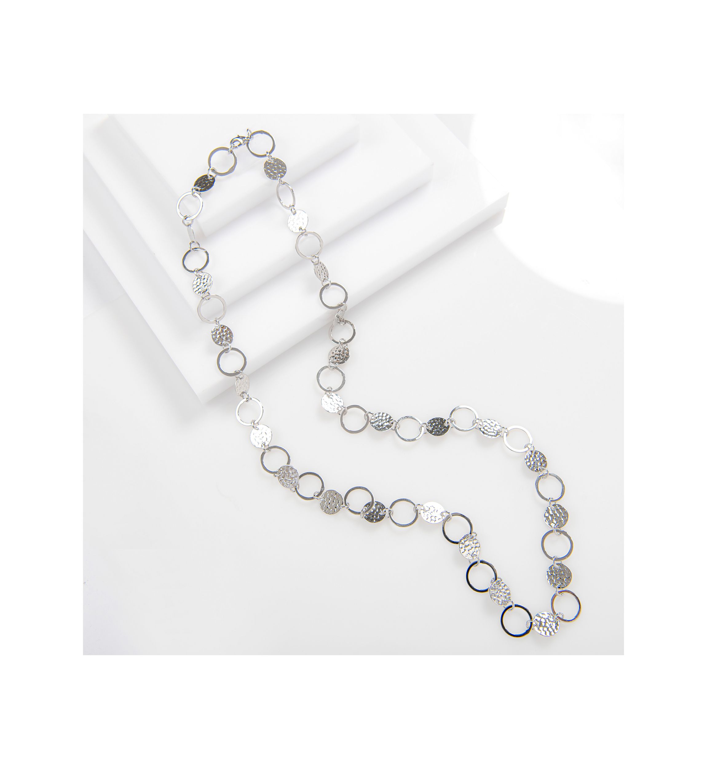 30" Silver Plated Hammered and Open Circle Necklace