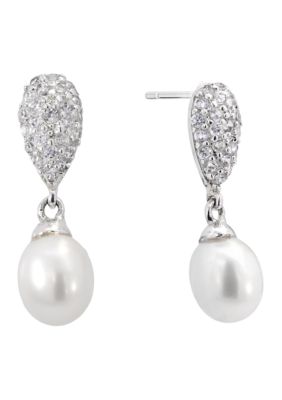 Belk Silverworks Silver Plated Pearl Cubic Zirconia Pave Teardrop Earrings