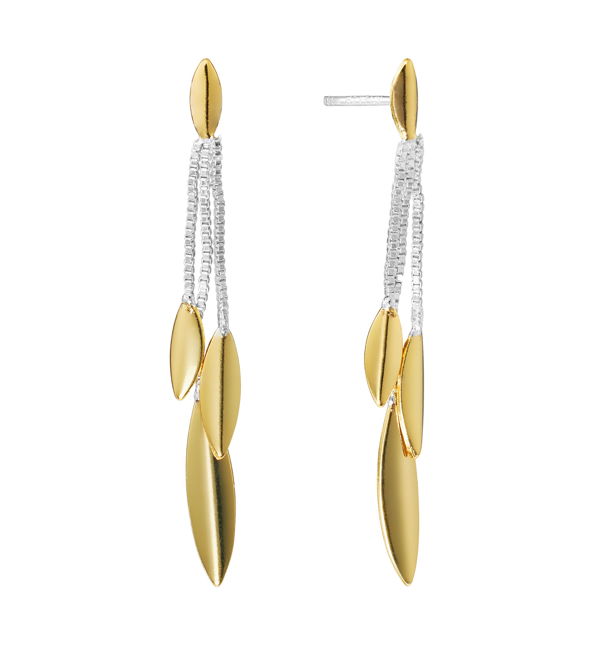 Two Tone Linear Chain with Leaf Dangle Earrings