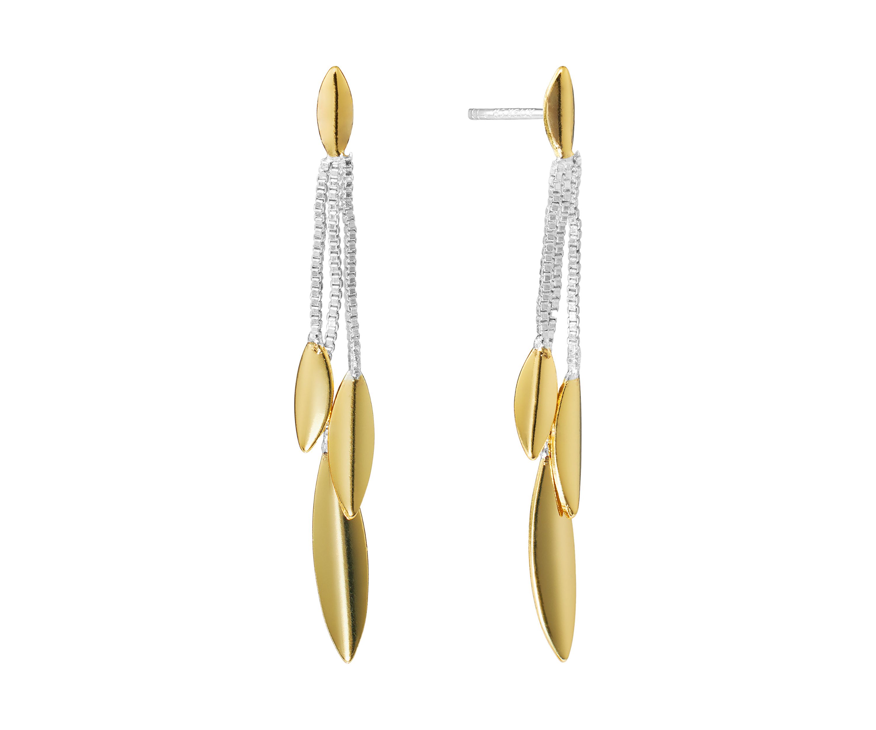 Two Tone Linear Chain with Leaf Dangle Earrings