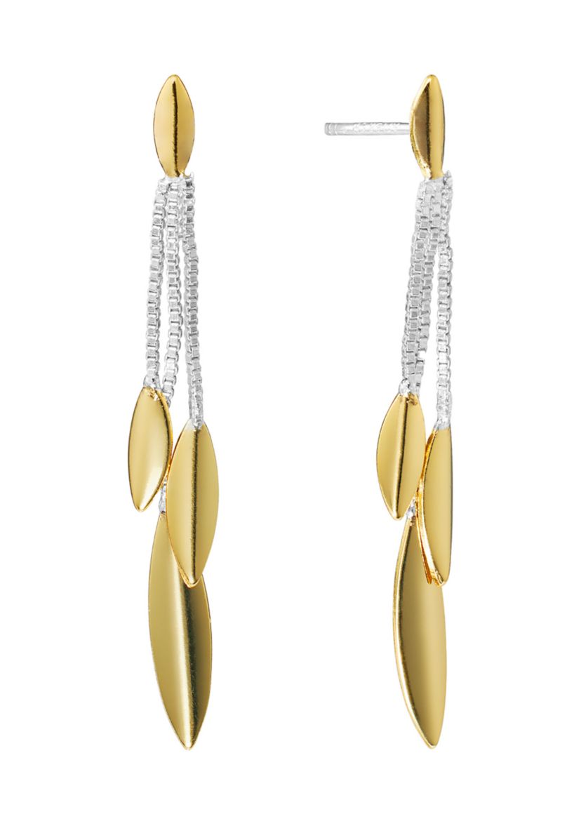 Two Tone Linear Chain with Leaf Dangle Earrings