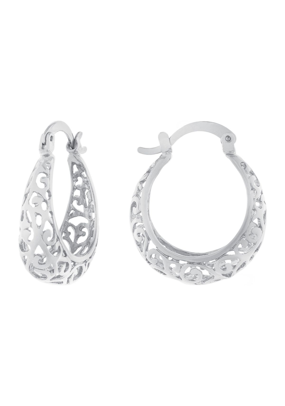 Silver Plated 1" Filigree Click Top Hoop Earrings  
