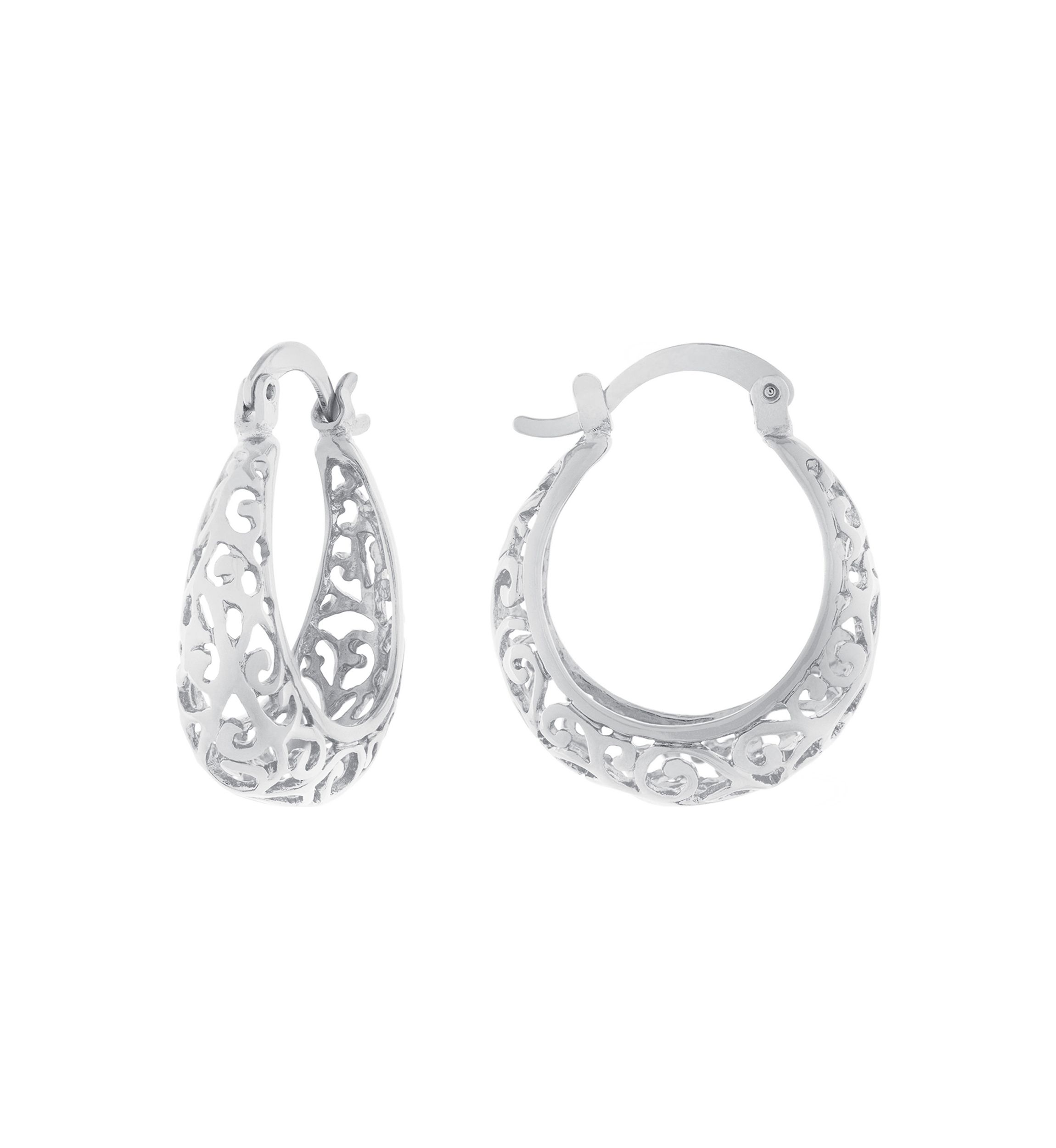 Silver Plated 1" Filigree Click Top Hoop Earrings  